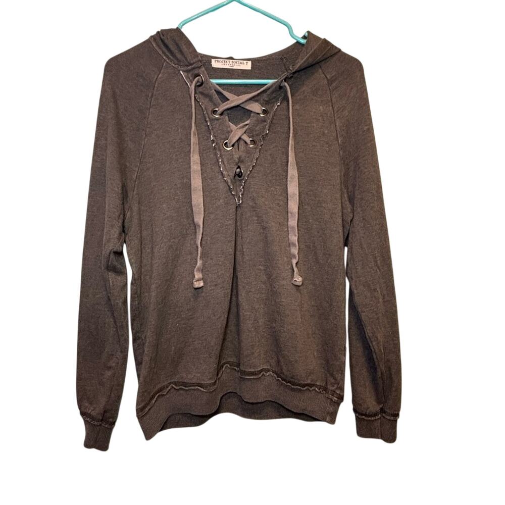 Project Social T Lace-Up Distressed Hoodie Sweatshirt | Size XS